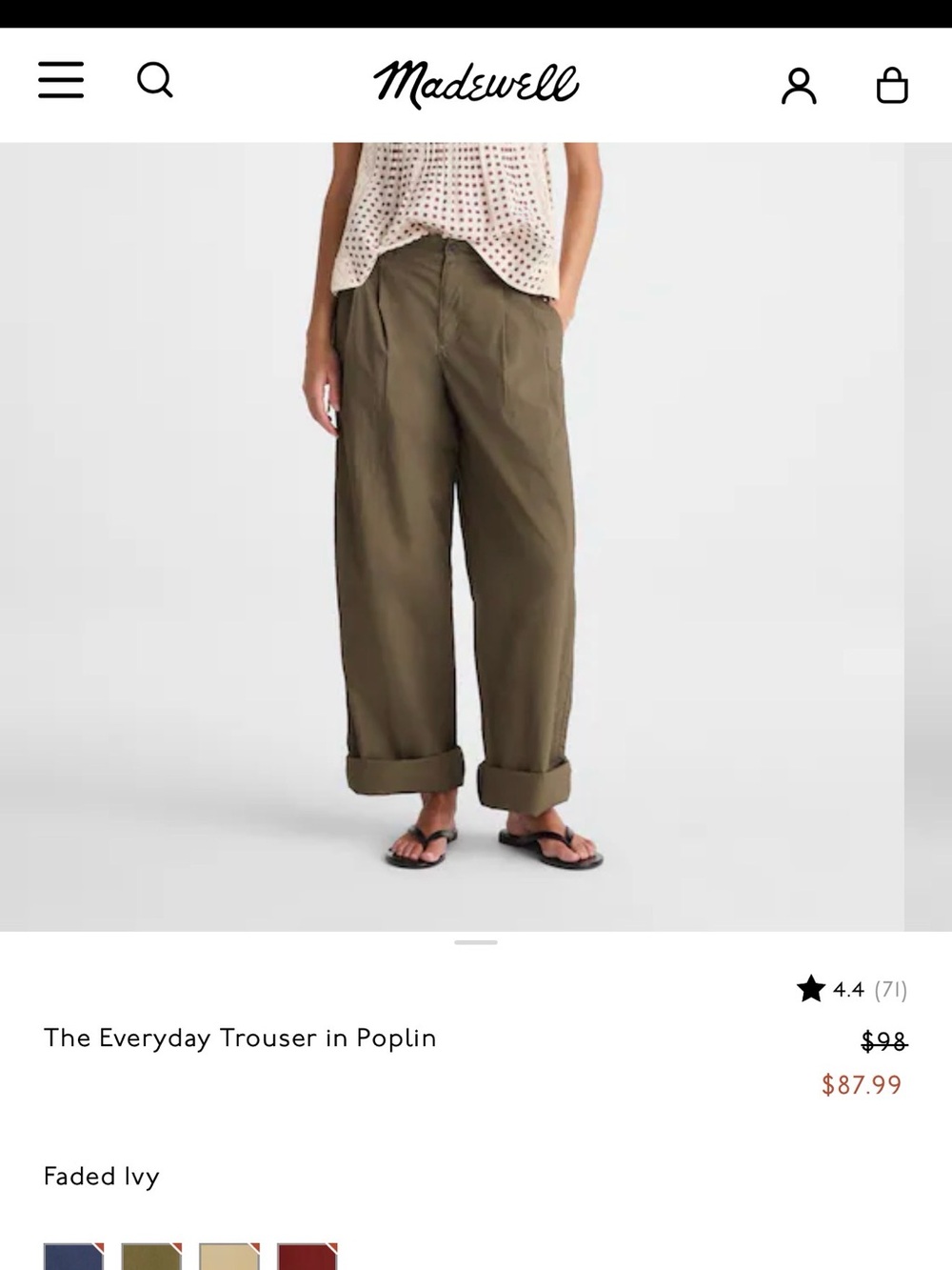 Madewell Relaxed Poplin Trousers in Faded Olive Sz 8